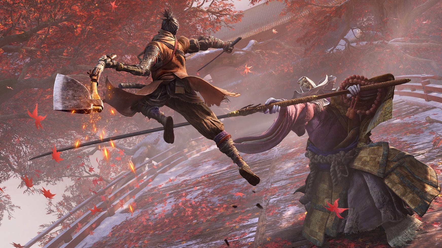 Nhân vật chính Sekiro nhảy trên không đối đầu boss lớn cầm giáo dài trong Sekiro Shadows Die Twice