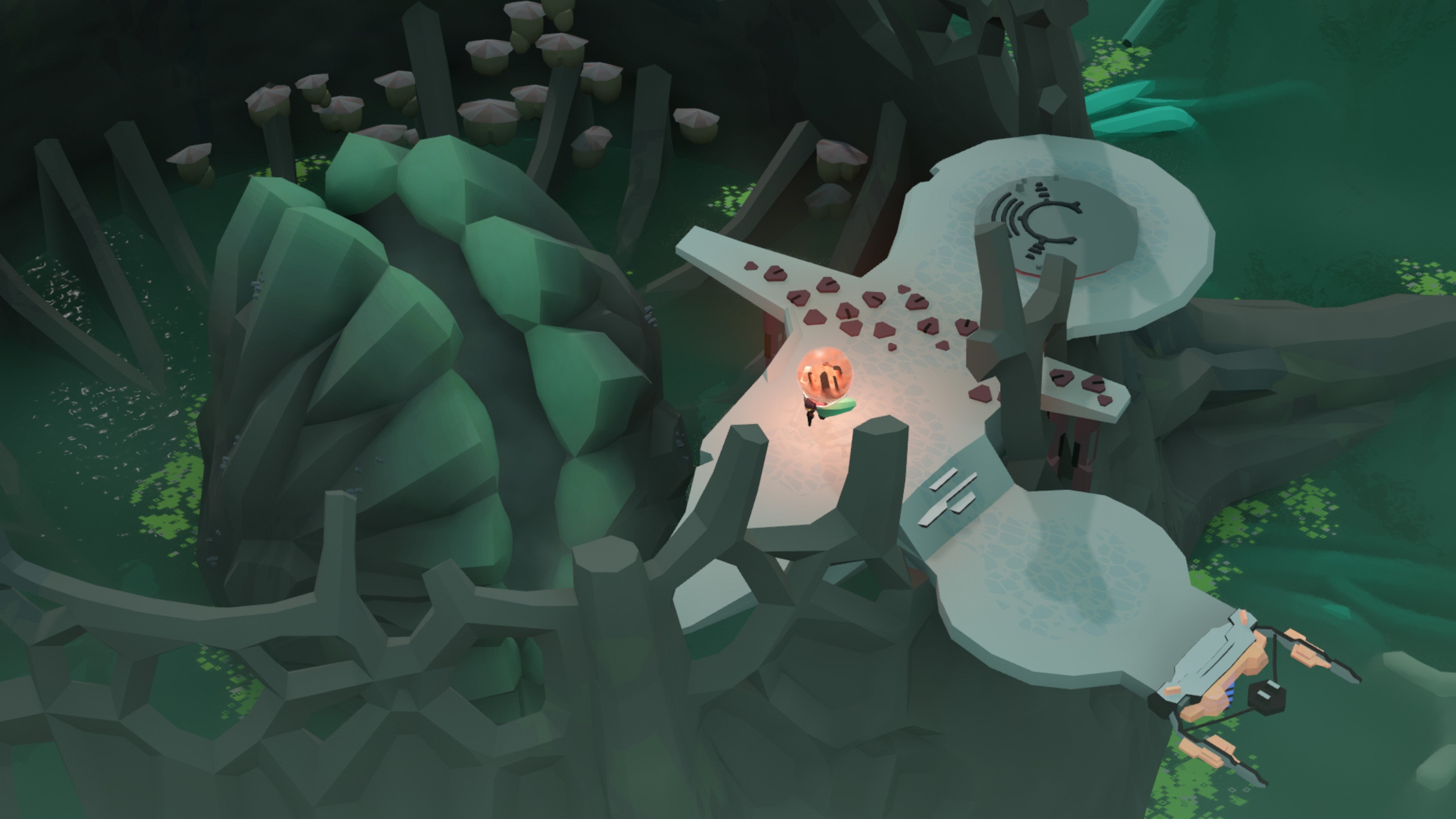 Nhân vật chính sử dụng quả cầu thế giới để kích hoạt cơ chế trong Cocoon của Geometric Interactive