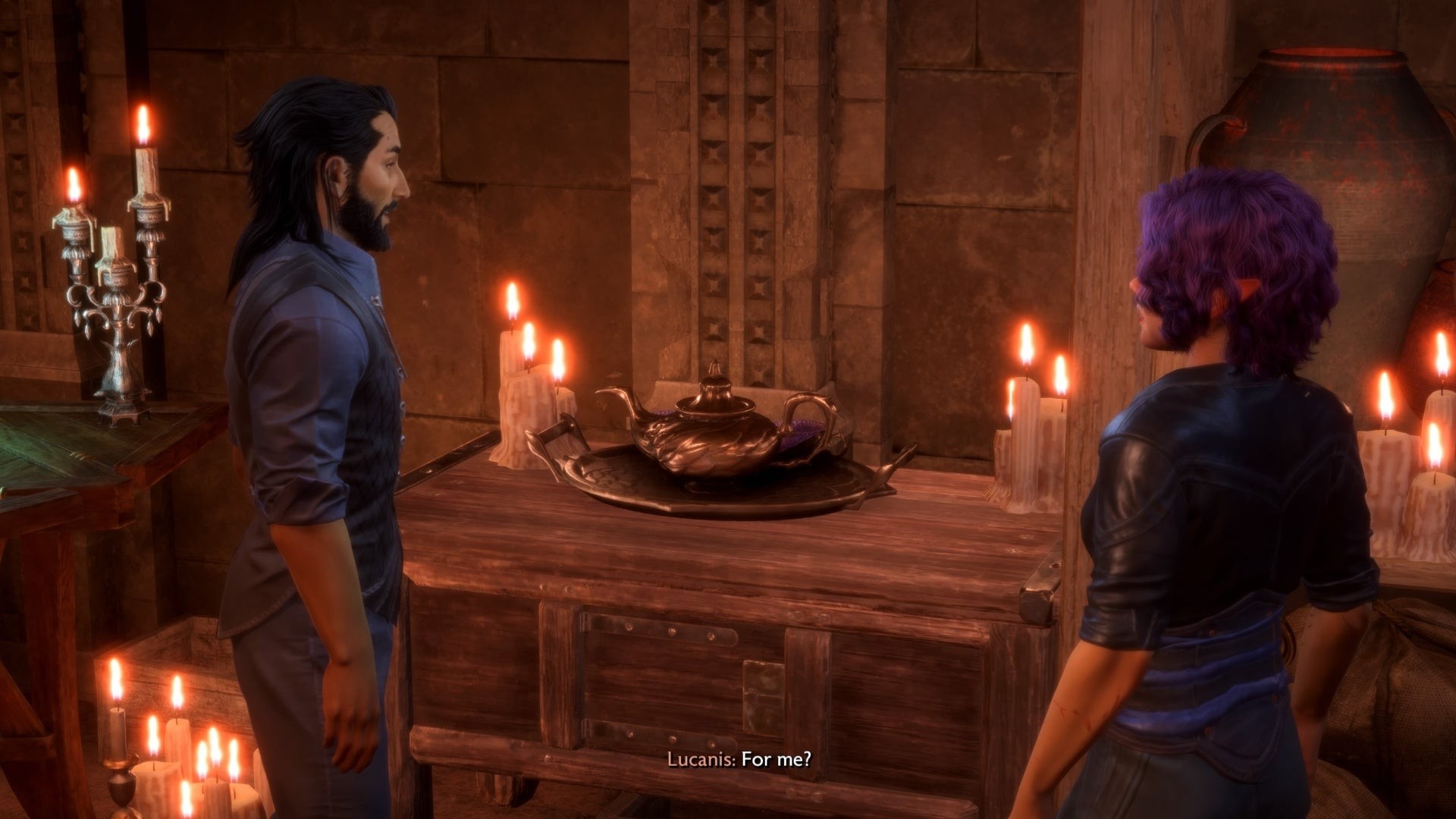 Nhân vật chính tặng bộ ấm trà Antivan cho Lucanis tại Ngọn Hải Đăng trong Dragon Age The Veilguard