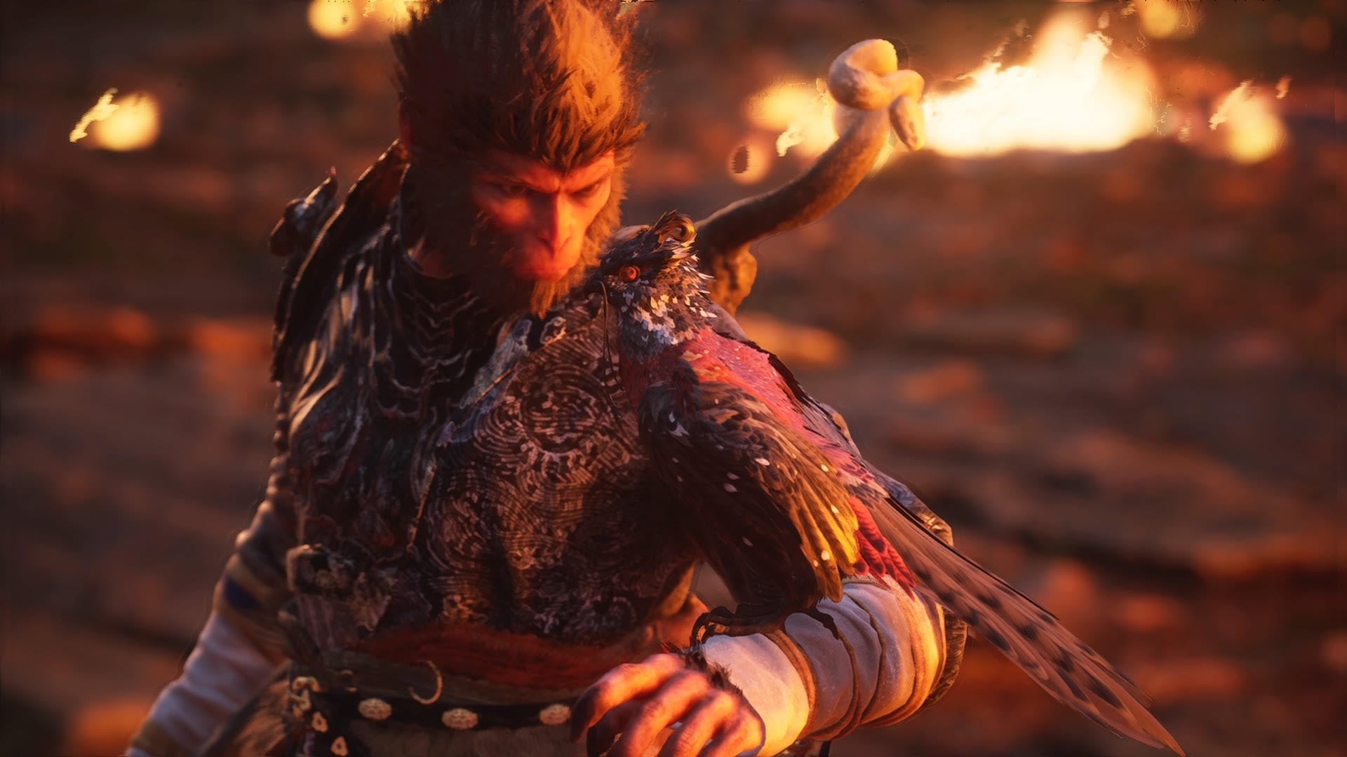 Nhân vật chính Tôn Ngộ Không trong Black Myth: Wukong với lửa nền
