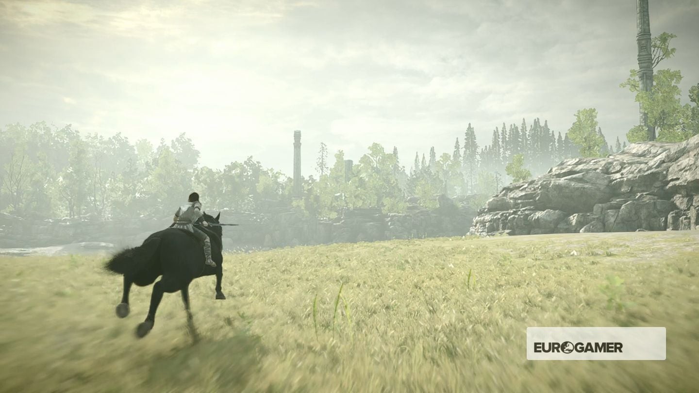Nhân vật cưỡi ngựa tiến vào khu rừng rậm trong Shadow of the Colossus