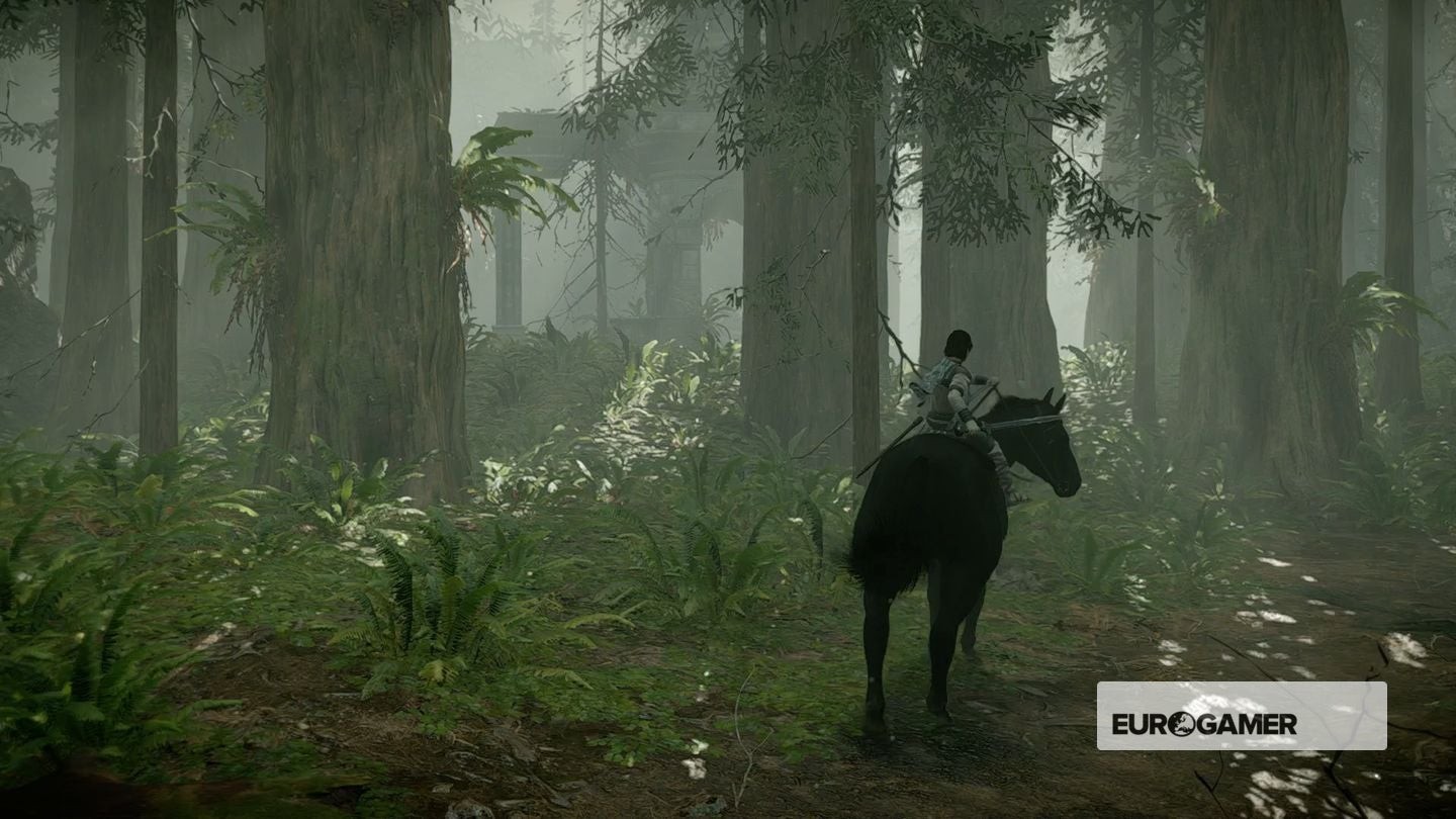 Nhân vật đứng trước một Đền Thờ nhỏ để hồi máu trong Shadow of the Colossus