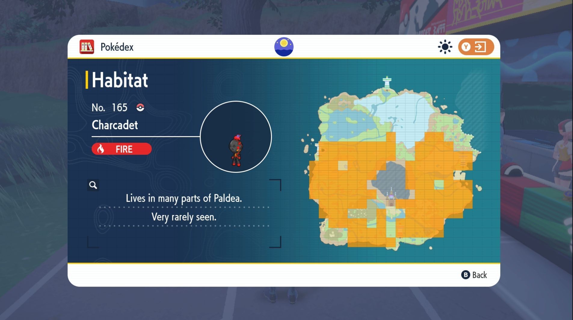 Nhân vật đứng trước NPC trao đổi Giáp Điềm Lành trong Pokémon Scarlet