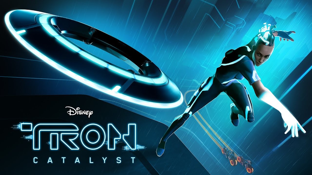 Nhân vật Exo trong Tron: Catalyst ném đĩa ánh sáng giữa môi trường neon đặc trưng