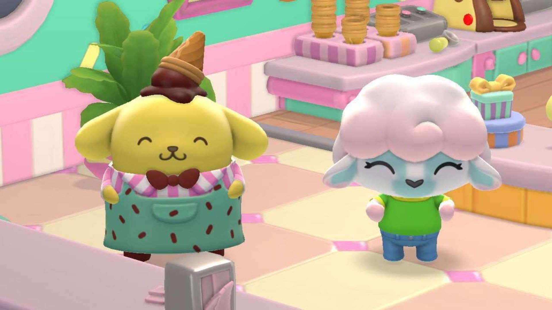 Nhân vật người chơi và Pompompurin bên trong Thuyền Tráng Miệng Pompompurin trong Hello Kitty Island Adventure
