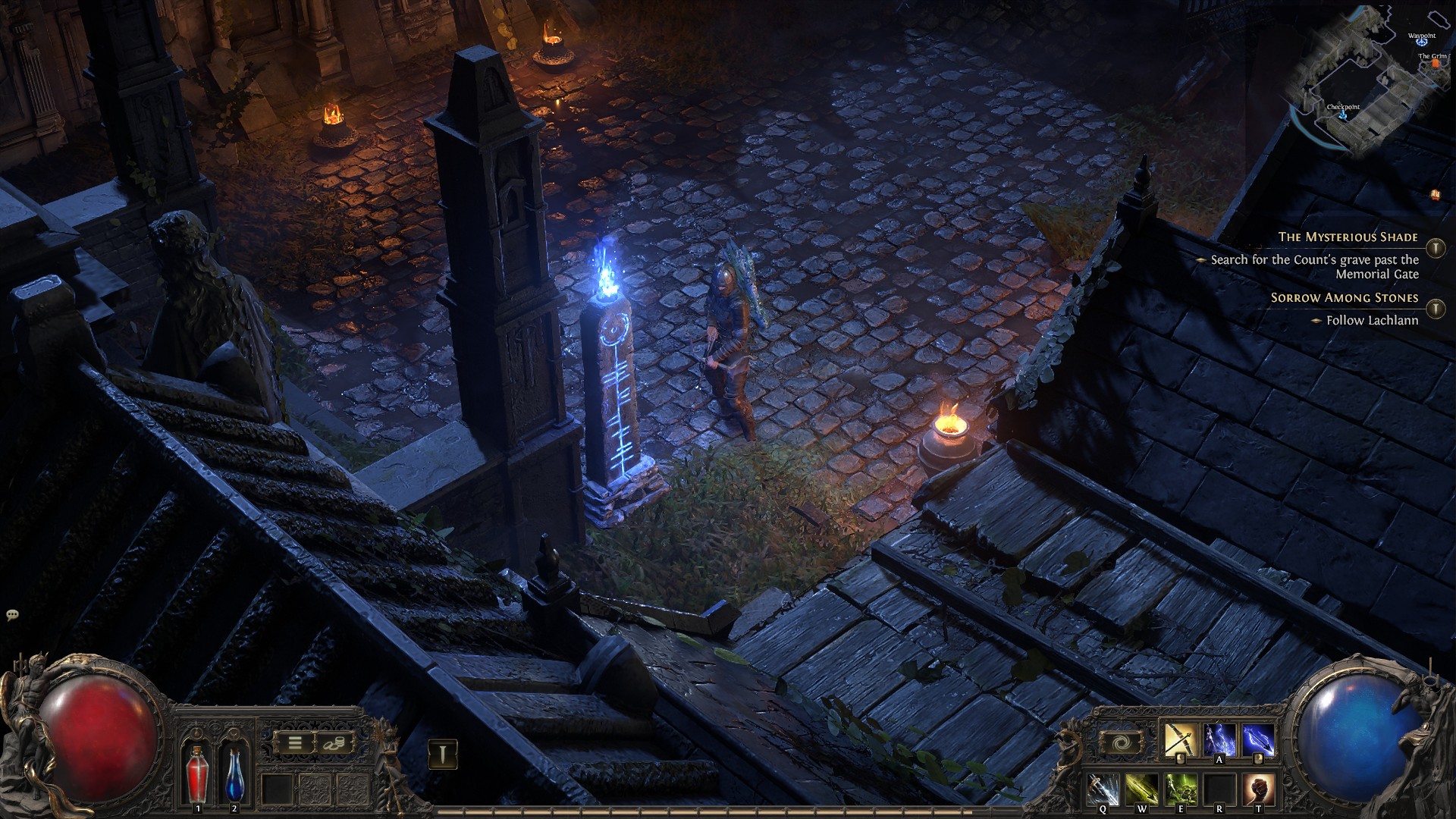 Nhân vật Path of Exile 2 đứng cạnh điểm lưu trước khu vực đấu boss