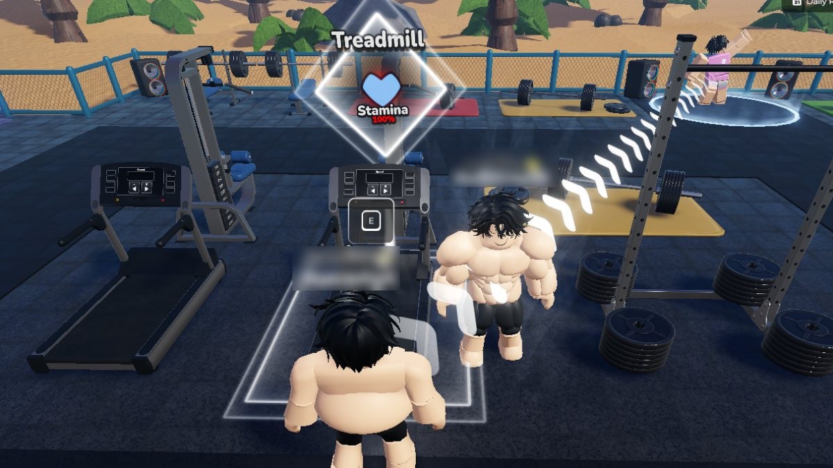 Nhân vật Roblox Gym League đang đứng trước máy chạy bộ để tăng thể lực