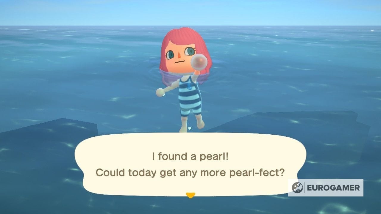 Nhân vật trong Animal Crossing cầm một viên ngọc trai trắng sáng vừa tìm được khi lặn biển.
