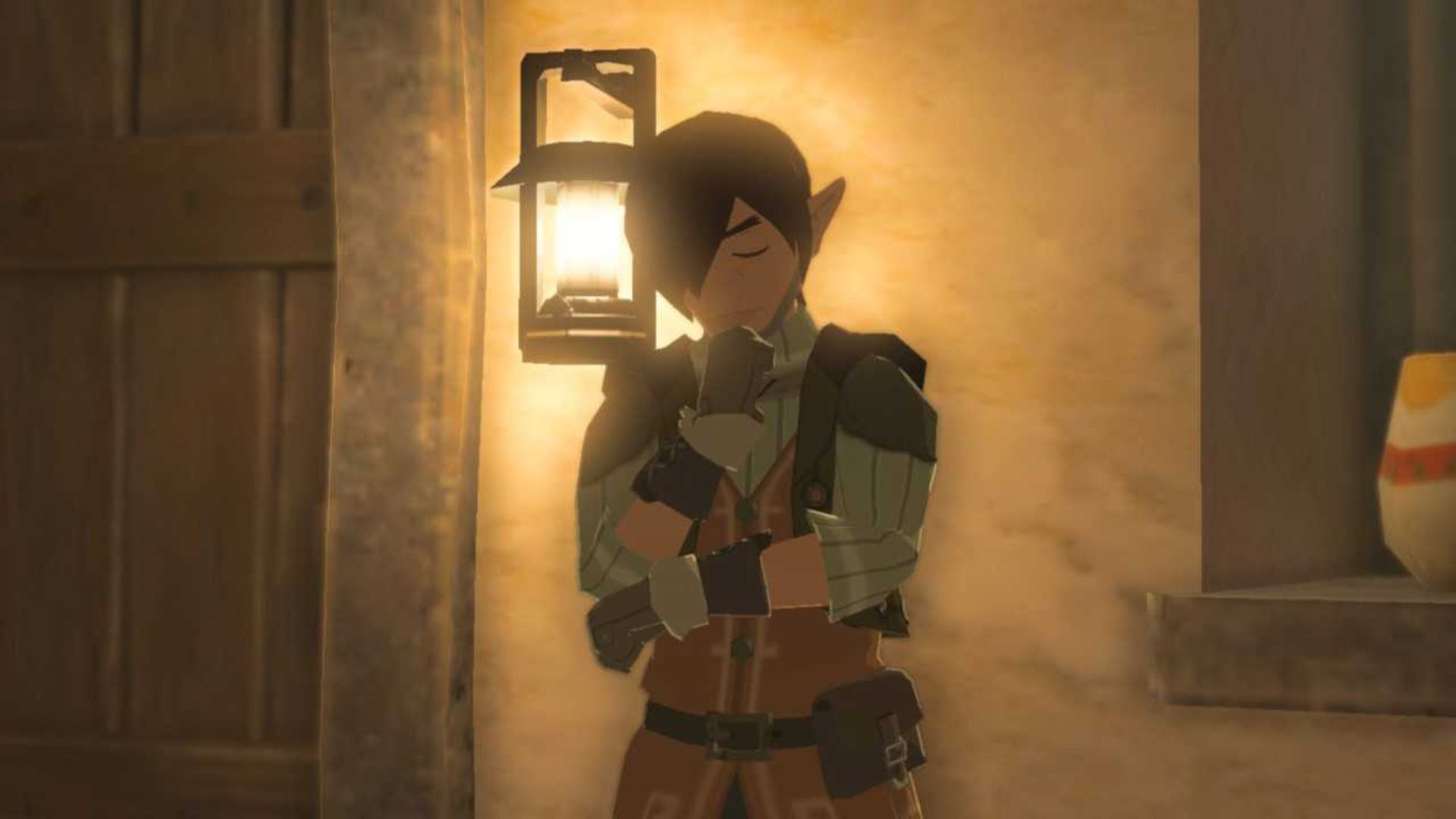 Nhân vật Worten đứng trước Quán trọ Hateno trong Zelda TotK