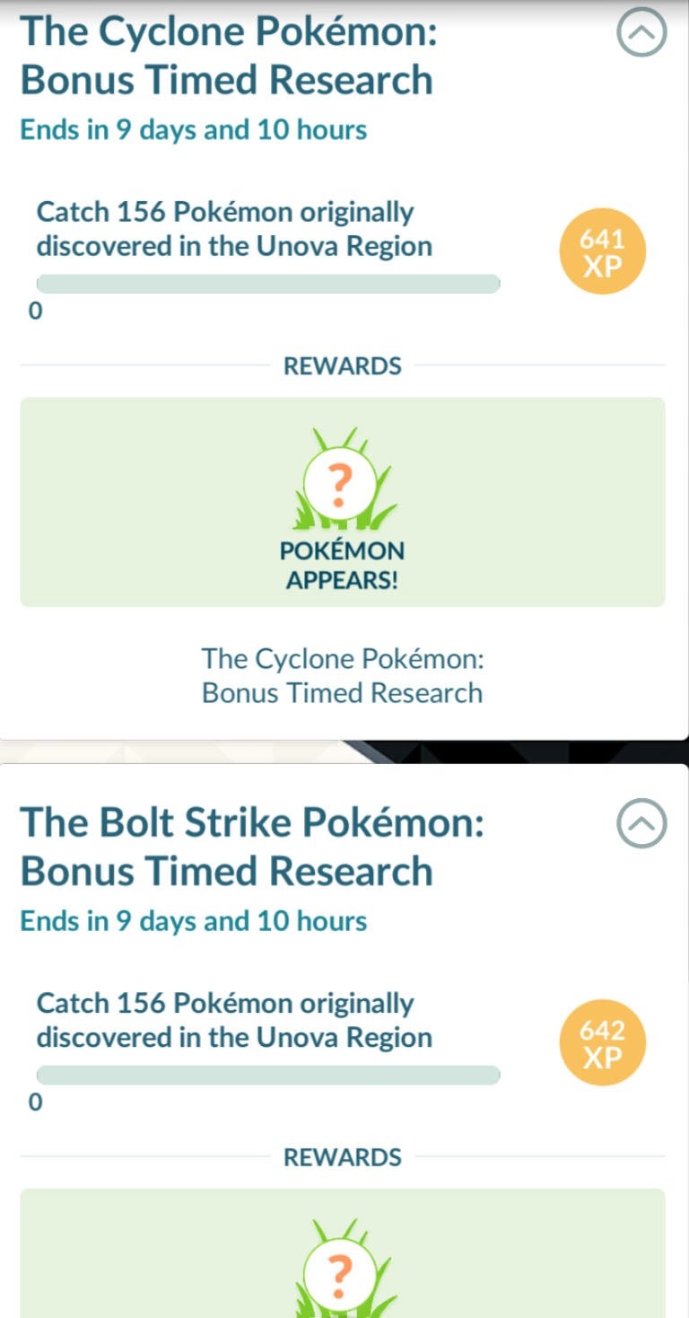 Nhiệm vụ Nghiên cứu có thời hạn yêu cầu bắt 156 Pokémon Unova trong Pokémon Go