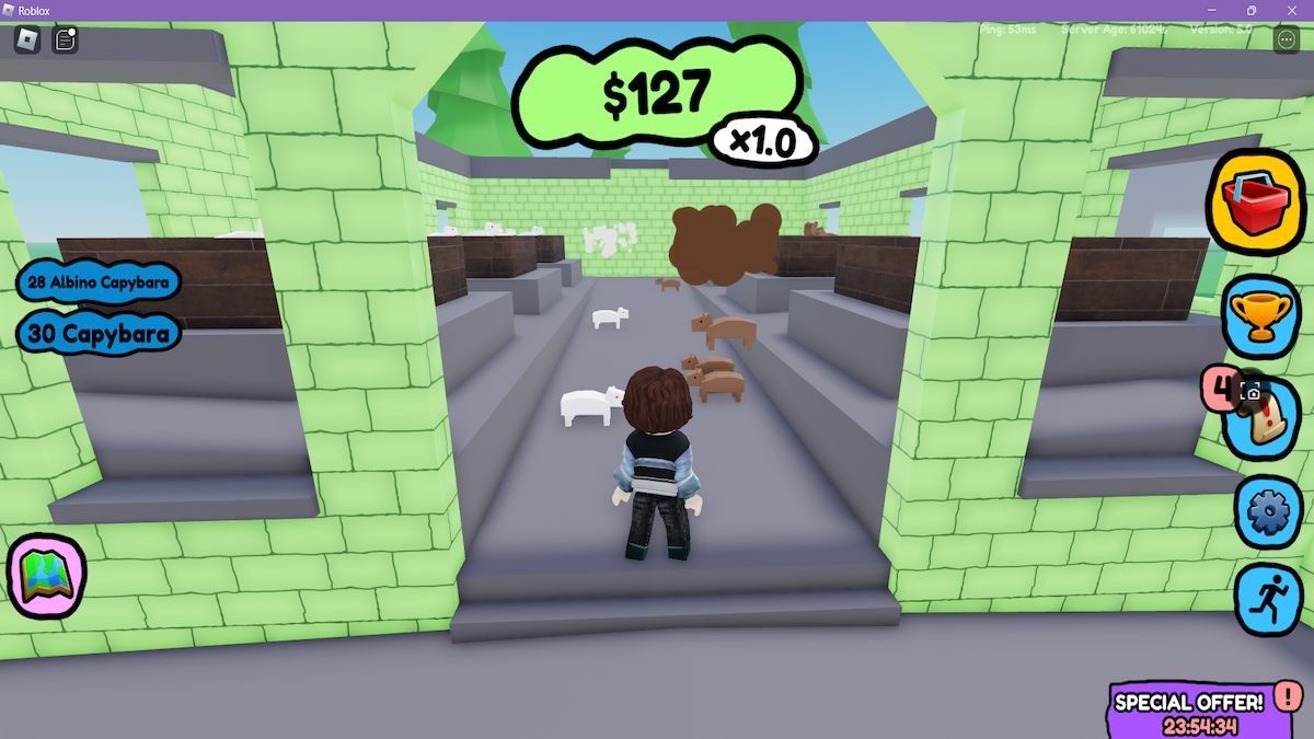 Những chú Capybara xuất hiện trong spa tại Roblox Capybara Cleaning Tycoon.