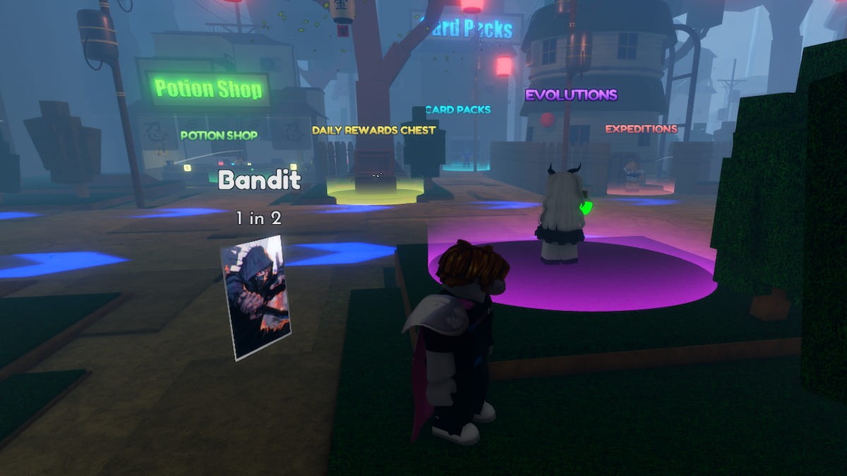 NPC Tiến hóa trong Anime Card Battle đứng đối diện Rương Phần Thưởng Hàng Ngày