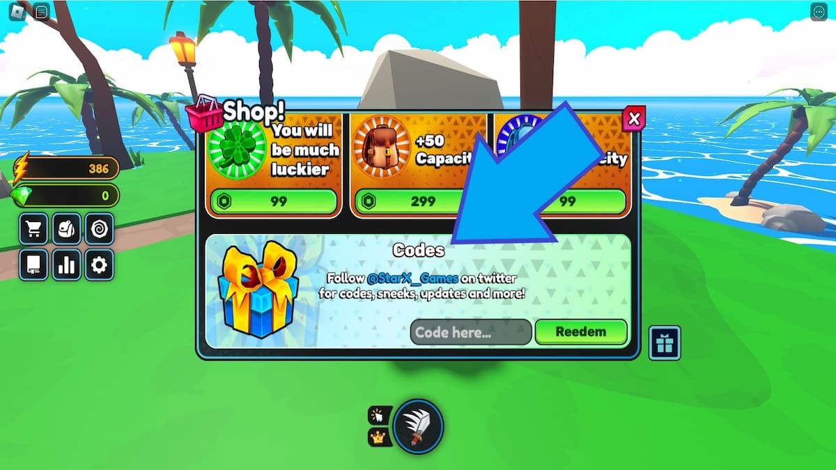 Ô nhập code Anime Swords X và nút Redeem trong mục Shop
