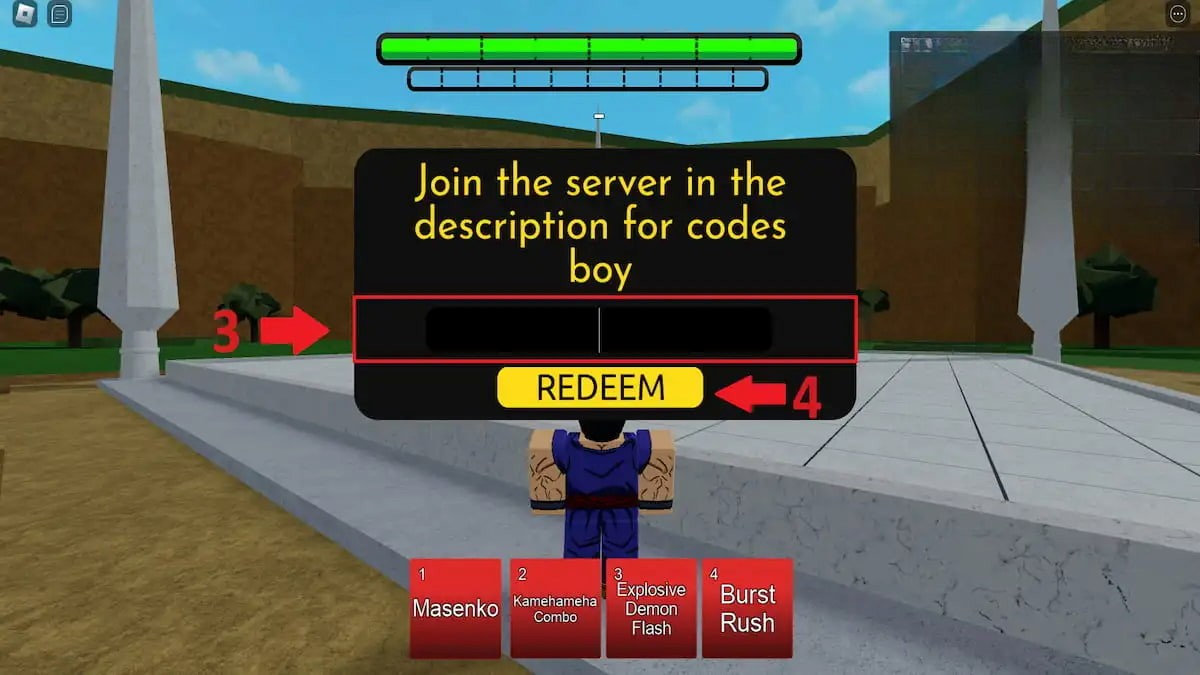 Ô nhập code Modded ABA với nút Redeem để xác nhận