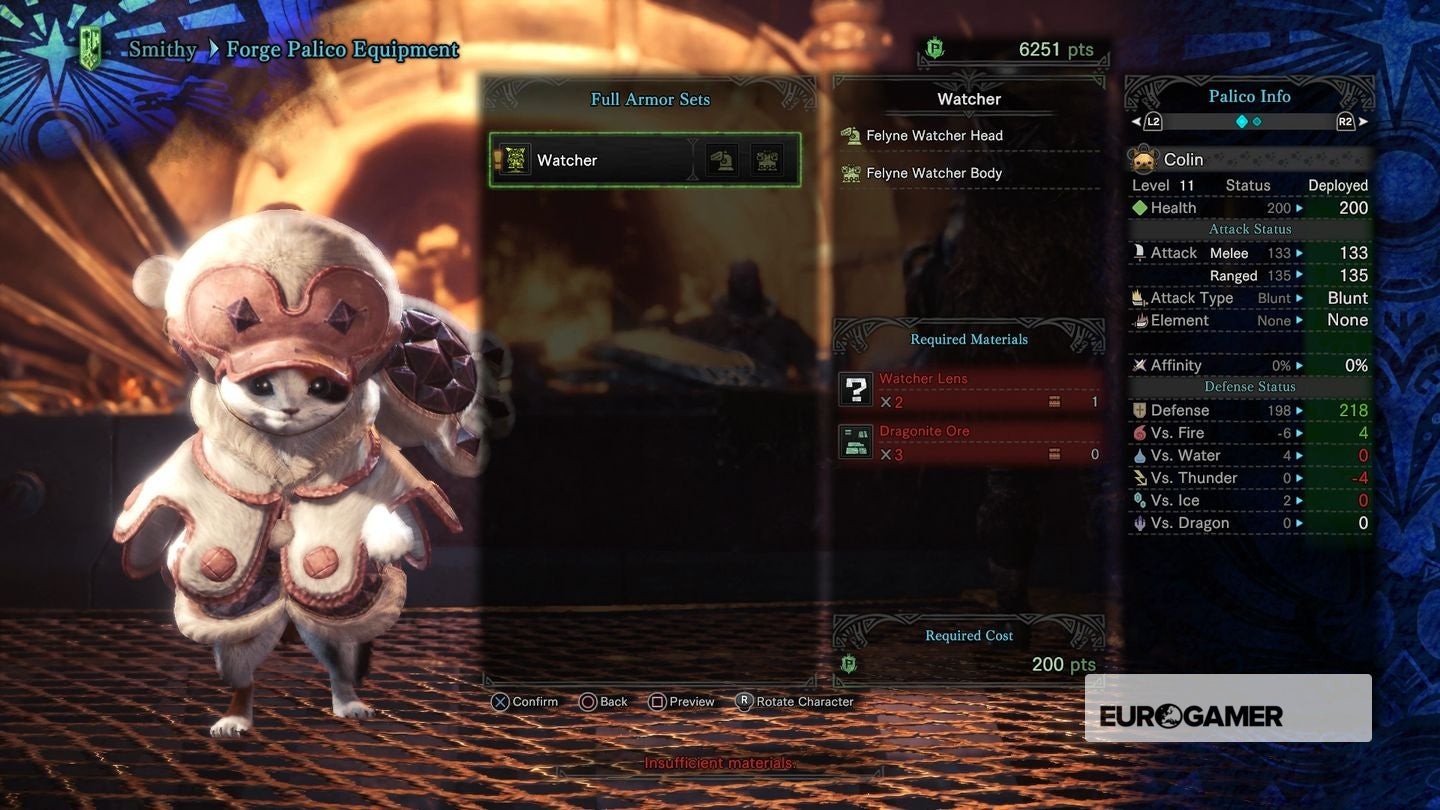 Palico trang bị bộ giáp Felyne Watcher và vũ khí Watcher Grinder trong Monster Hunter World