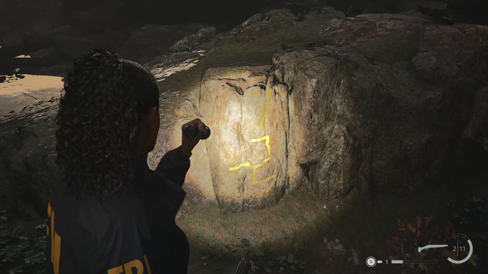 Phương trình toán học thứ hai trên tảng đá giữa suối gần hòm đồ Cult Stash Rock Rock Tree Alan Wake 2