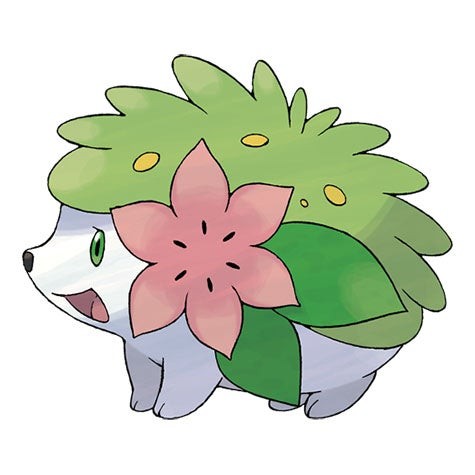Pokémon huyền ảo Shaymin Dạng Lục Địa nhỏ bé màu trắng và xanh lá cây với bông hoa hồng bên cạnh