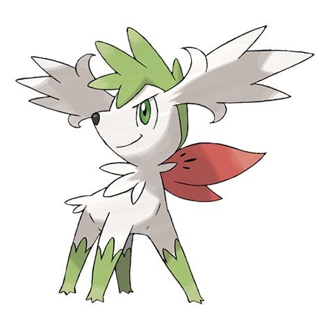 Pokémon Shaymin Dạng Thiên Không đang bay với đôi cánh màu xanh lá và thân hình giống tuần lộc