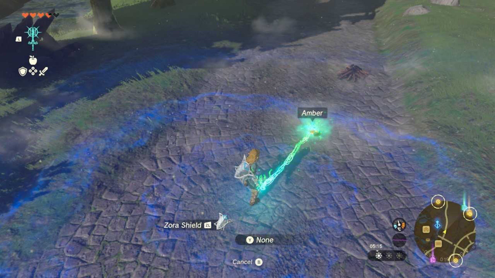 Quá trình hợp thể Hổ Phách vào Khiên Zora để tăng độ bền trong Zelda TotK