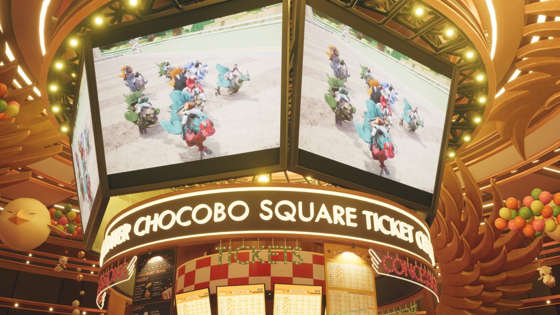 Quầy vé Chocobo Square với màn hình hiển thị đua Chocobo