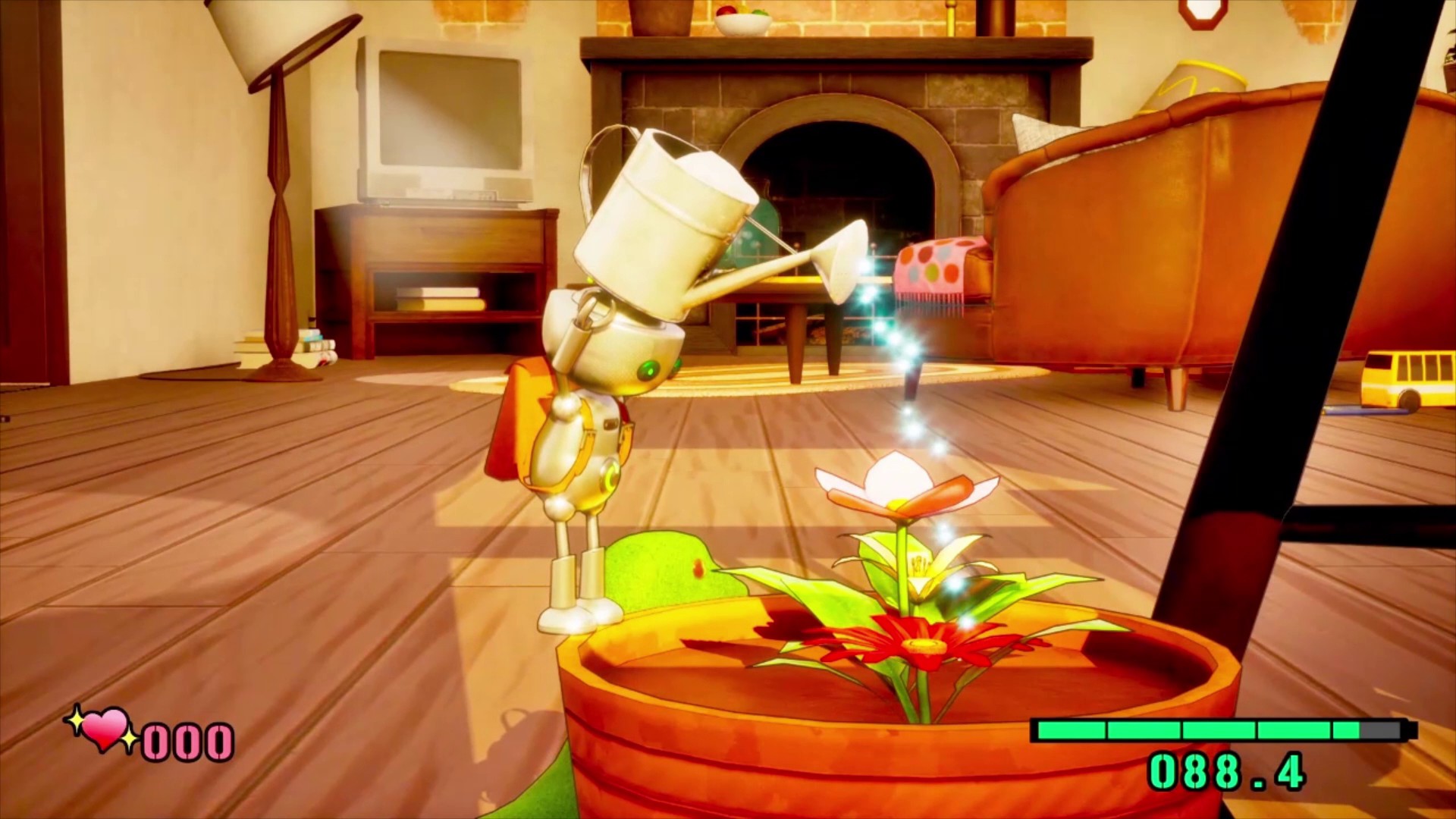 Robot tí hon koROBO đang tưới cây trong nhà - một trong những nhiệm vụ trong game
