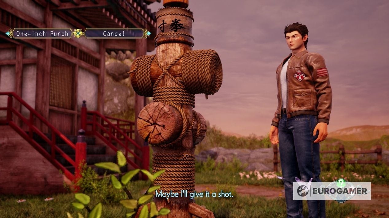 Ryo Hazuki luyện tập Horse Stance với mộc nhân trong Shenmue 3