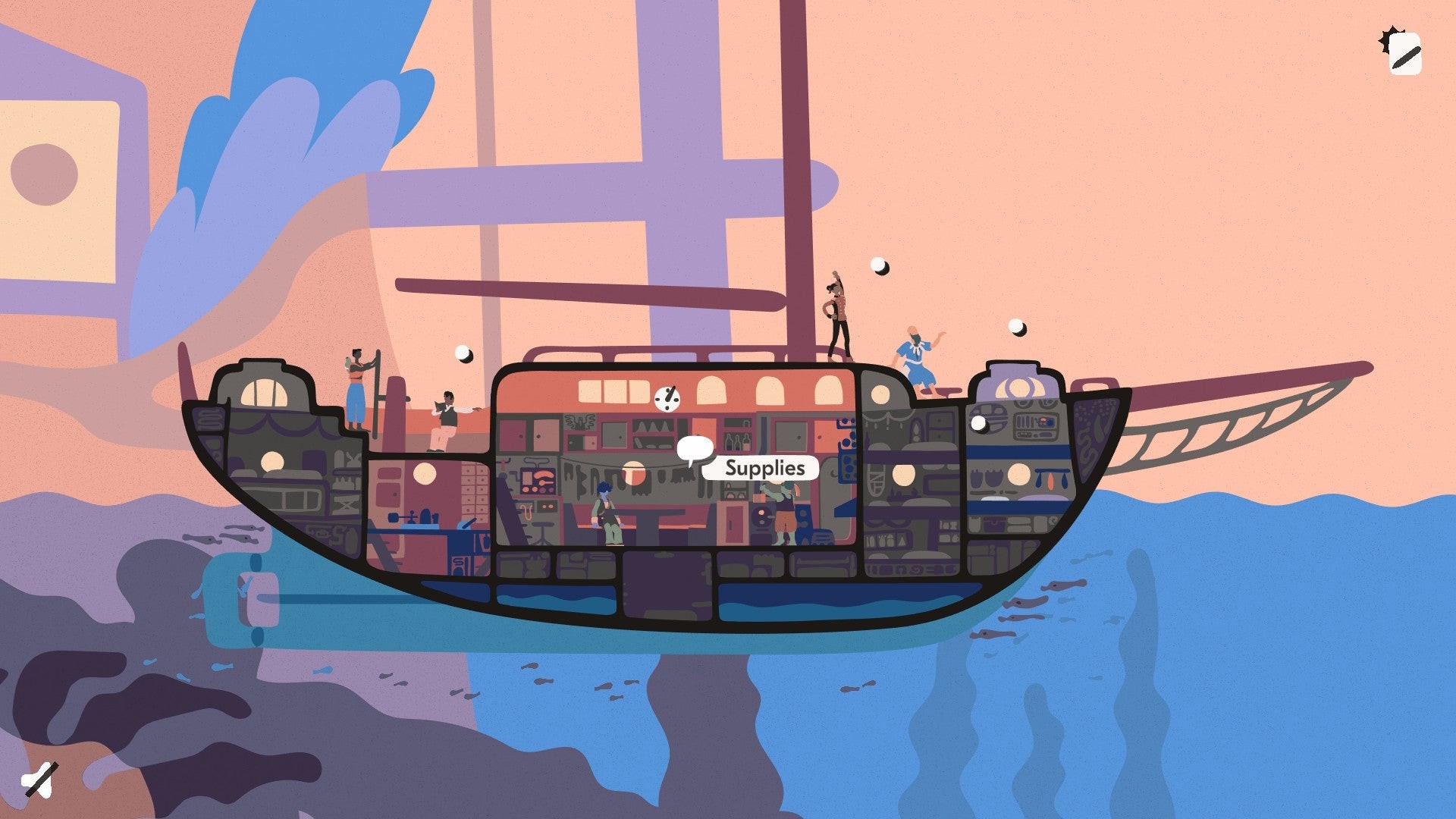Saltsea Chronicles: Một mặt cắt của một con tàu buồm cho thấy nhiều buồng trong tàu. Buồng được chọn đọc