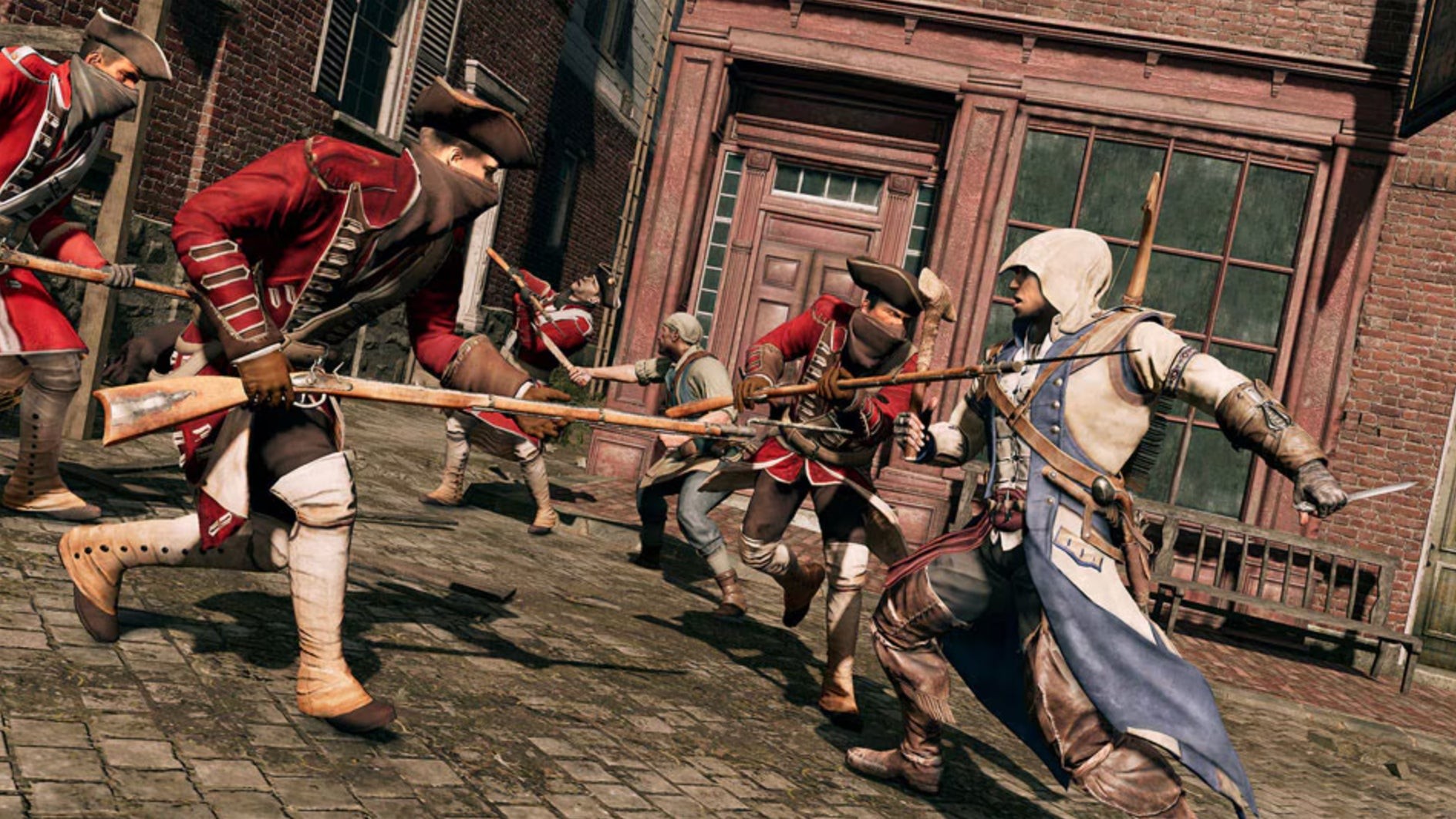 Sát thủ nửa Mohawk Connor chiến đấu với một nhóm kẻ thù ở Bắc Mỹ thuộc địa trong Assassin's Creed 3