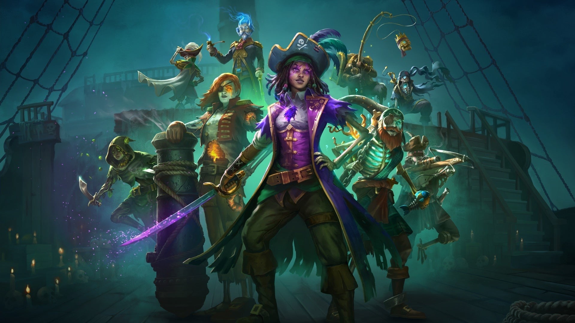 Shadow Gambit: The Cursed Crew: Một hình minh họa cho thấy tất cả tám thành viên của Red Marley.