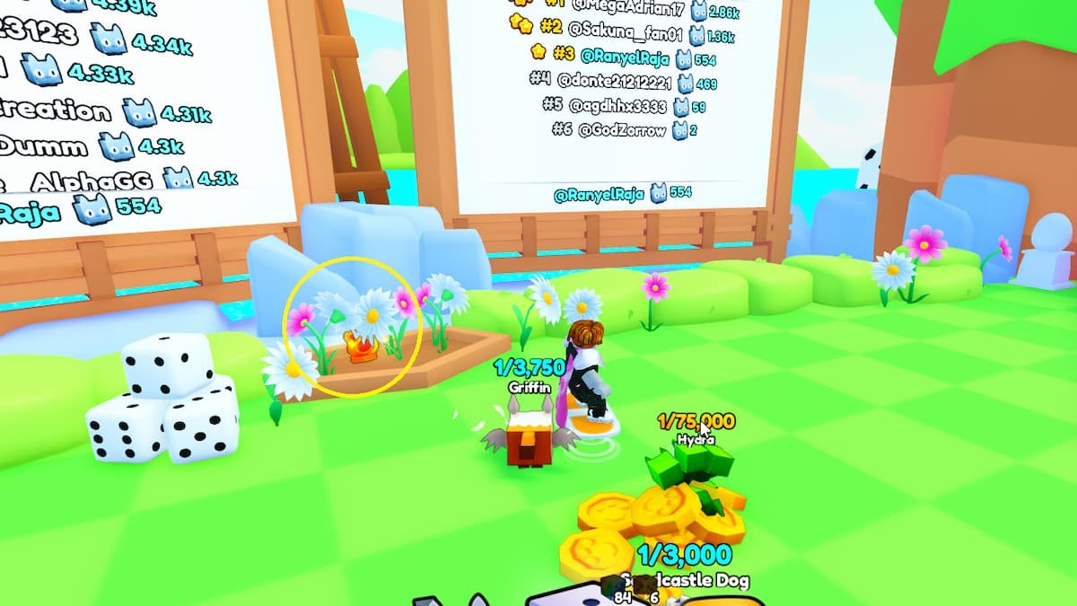 Shiny Relic đầu tiên nằm giữa những bông hoa gần bảng xếp hạng server tại khu vực spawn trong PETS GO