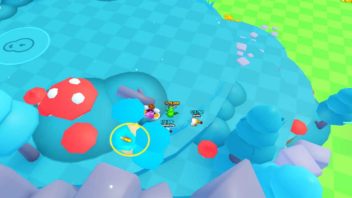 Shiny Relic thứ tám trên đỉnh ba cây nấm màu xanh lam gần vị trí nấm đỏ PETS GO