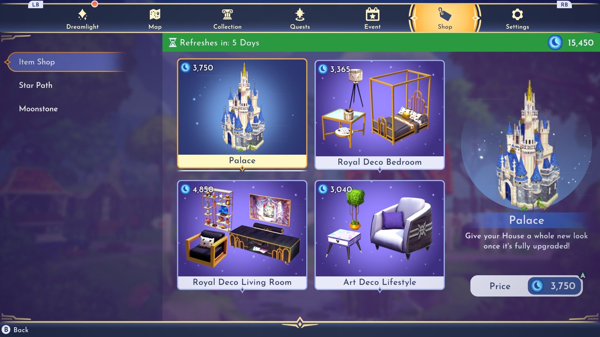 Skin nhà Palace cao cấp mua bằng Moonstone trong Cửa hàng Vật phẩm Disney Dreamlight Valley