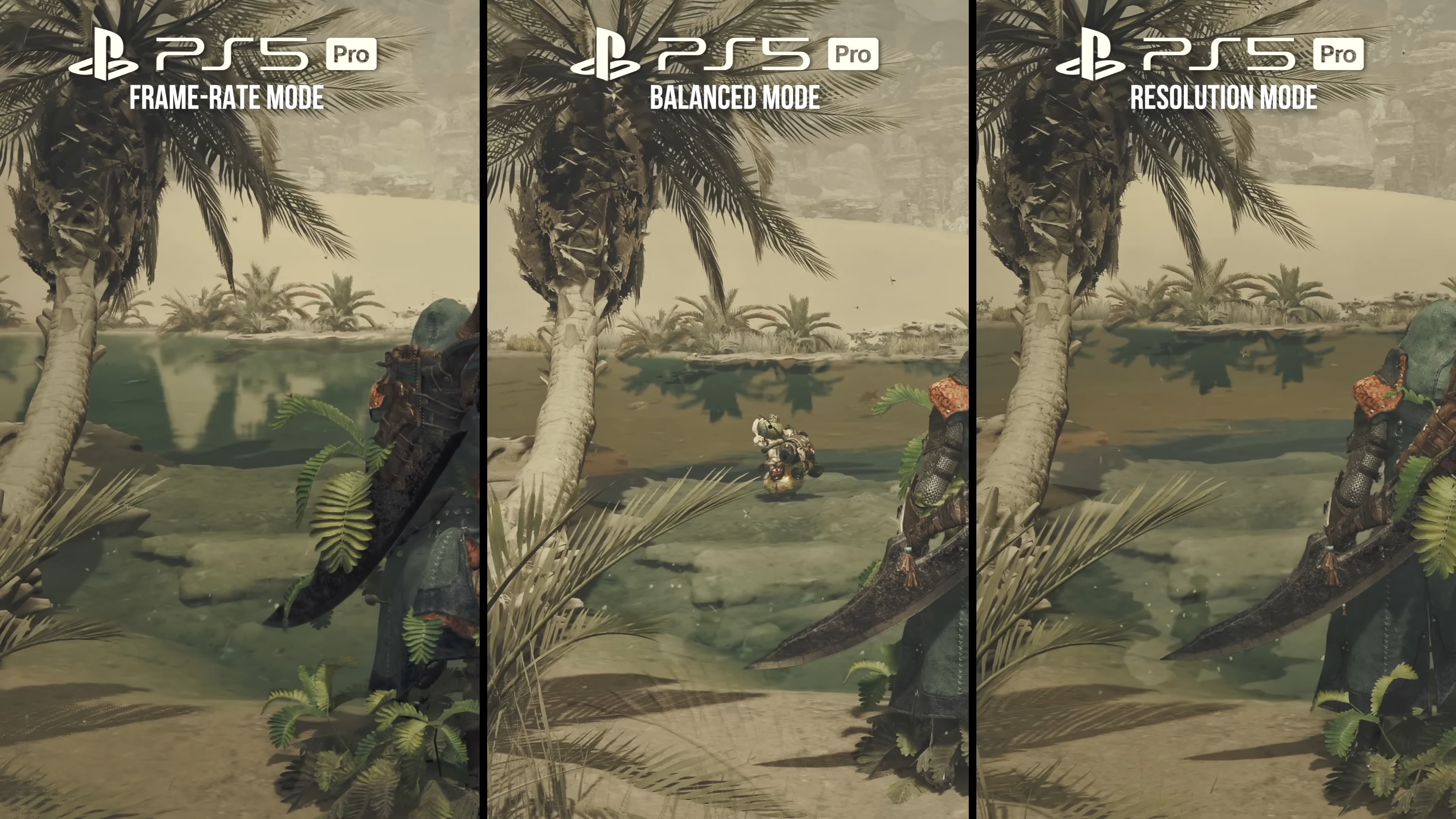 so sánh các chế độ PS5 Pro trên Monster Hunter Wilds: tốc độ khung hình vs cân bằng vs độ phân giải, cảnh ngoài trời