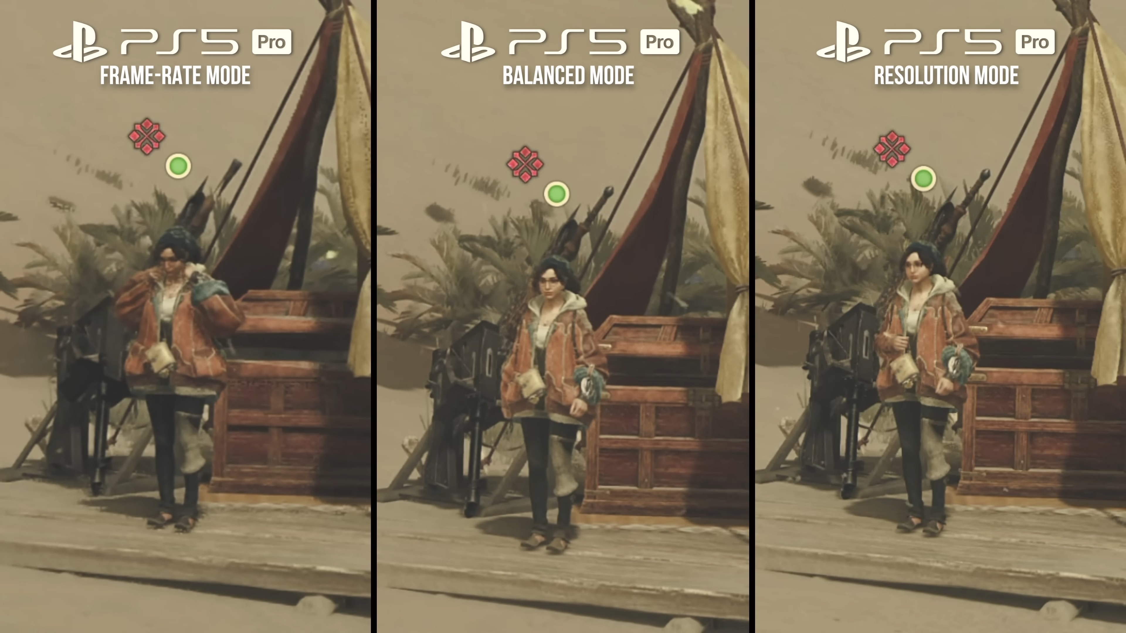 so sánh các chế độ PS5 Pro trên Monster Hunter Wilds: tốc độ khung hình vs cân bằng vs độ phân giải, cảnh nhân vật