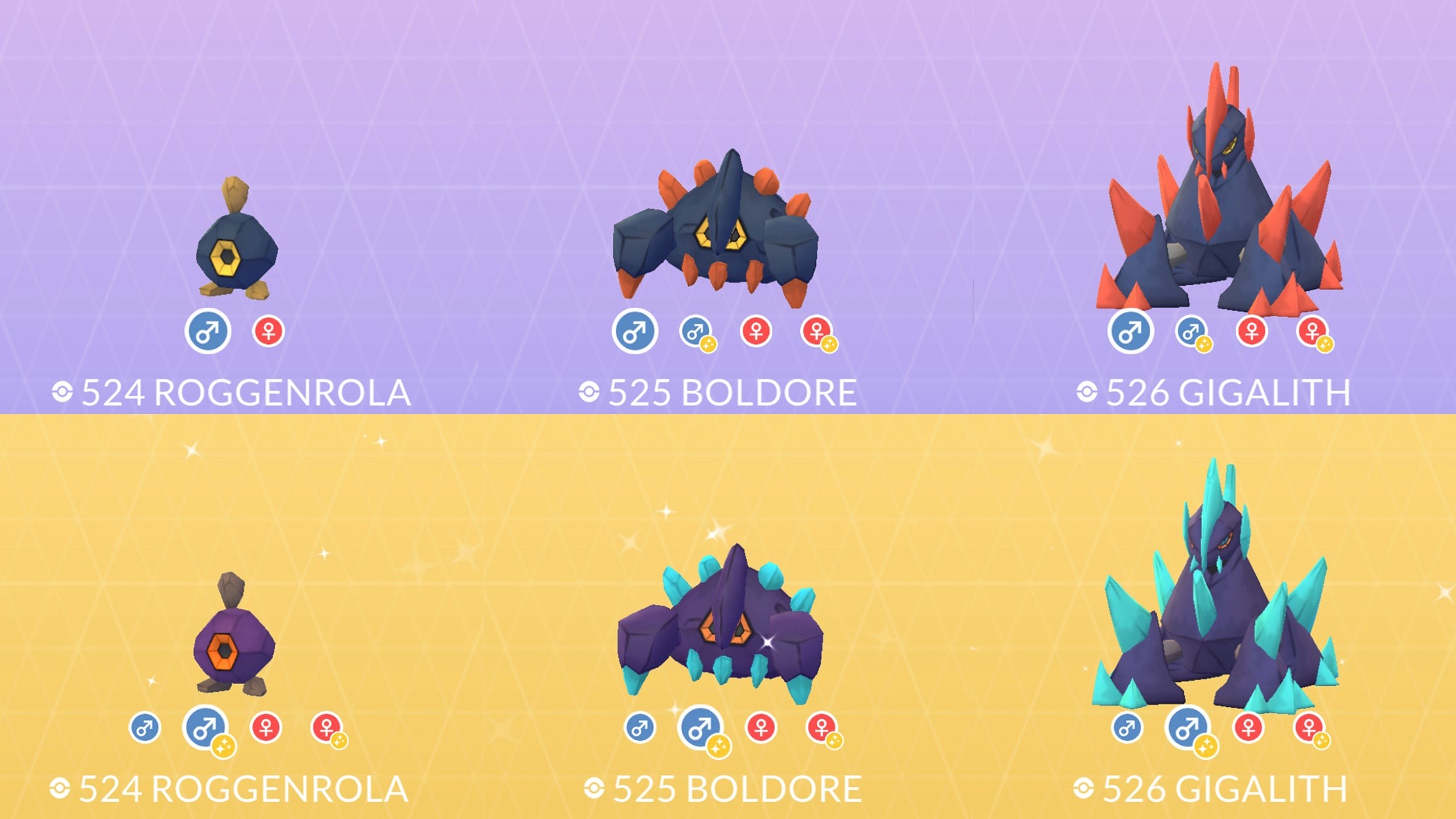 So sánh shiny và thường của Roggenrola family