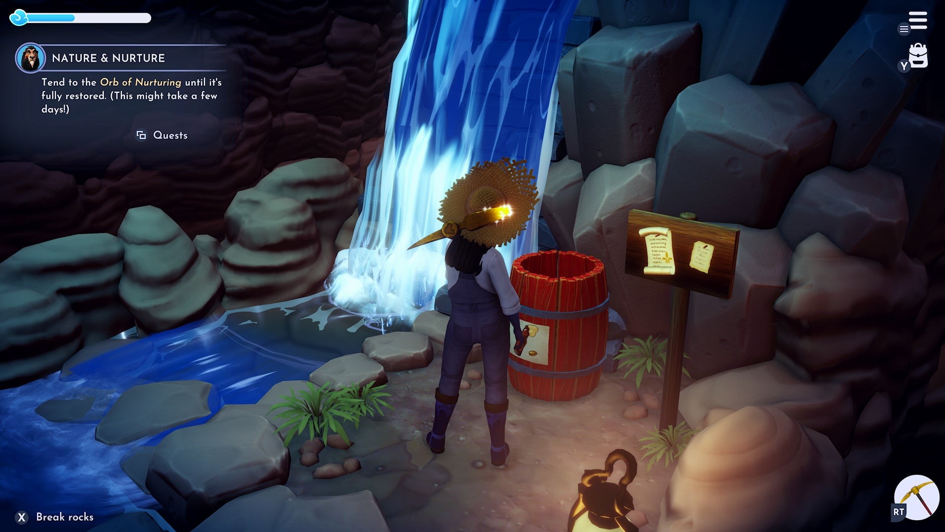 Sử dụng bia gừng siêu sủi bọt và kẹo nổ lách tách tại thùng đỏ trong Hang Vitalys Disney Dreamlight Valley