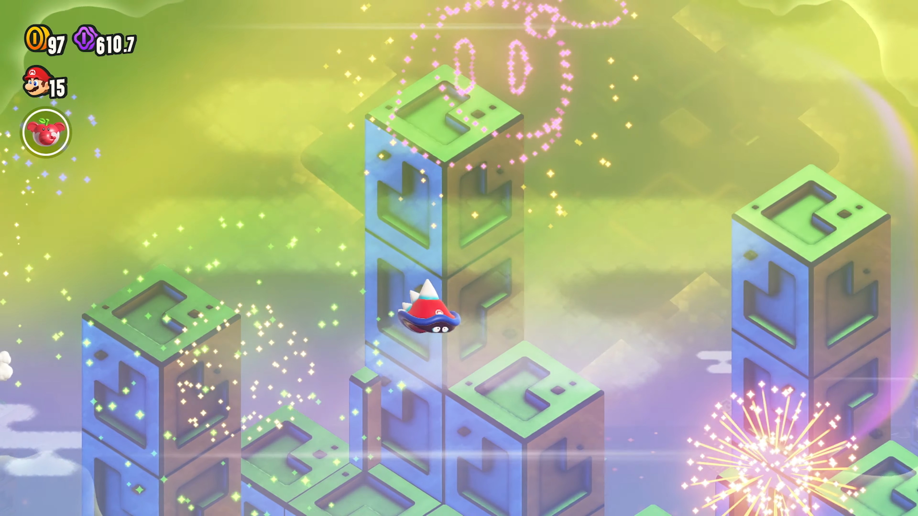 Super Mario Bros. Wonder: Mario sống trong một sinh vật có gai, bay qua không trung.