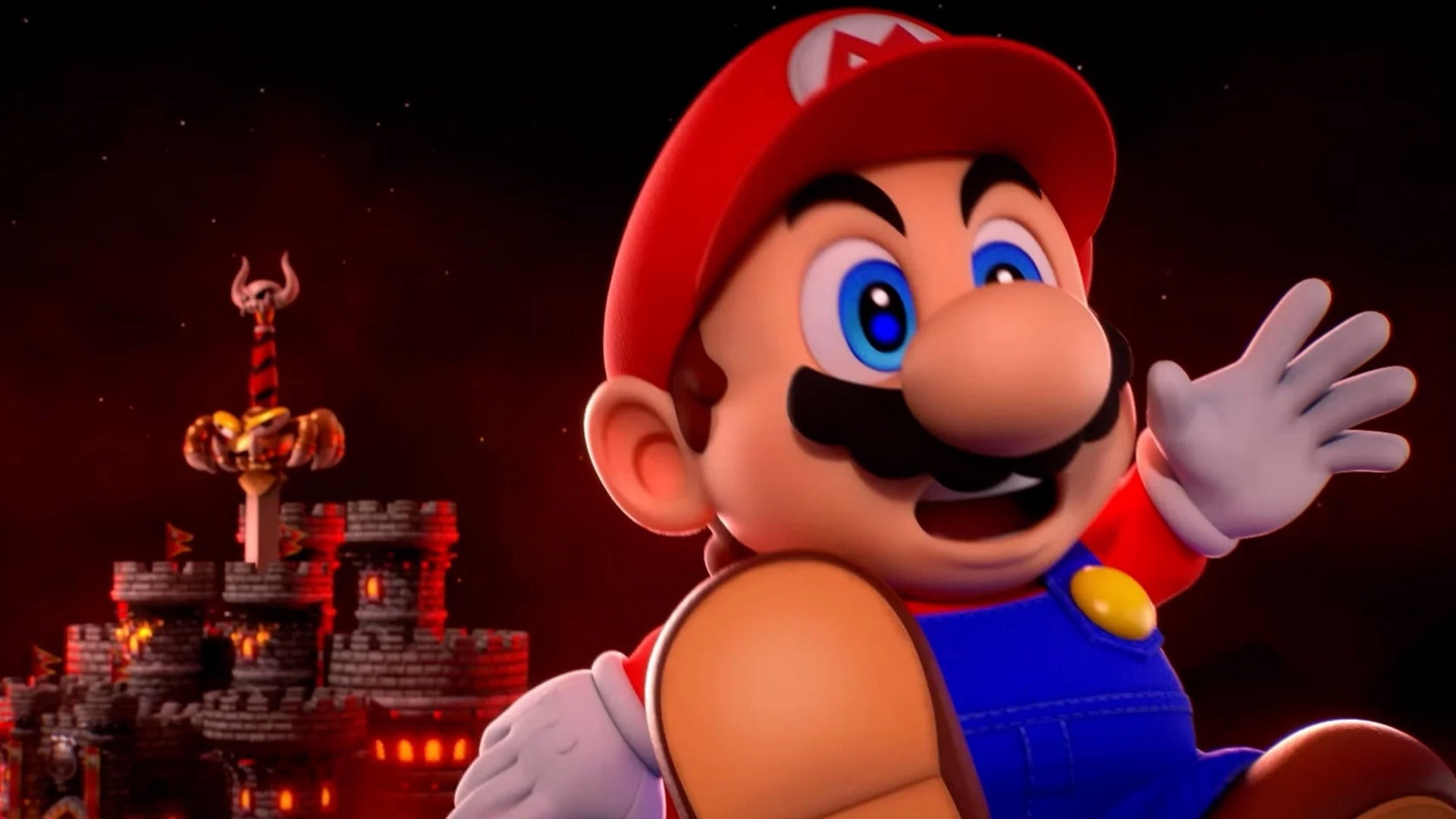 Super Mario RPG: Màn hình từ phiên bản làm lại cho thấy Mario nhảy xa khỏi một lâu đài dung nham ở phía sau.