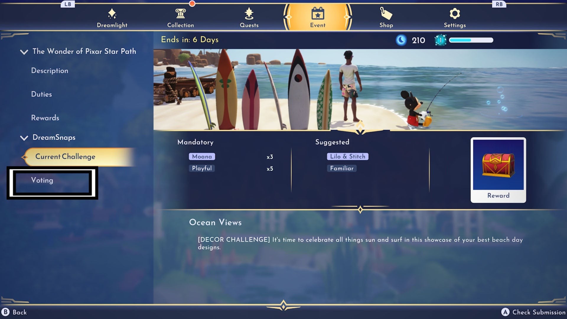tab bình chọn trong menu sự kiện DreamSnaps của Disney Dreamlight Valley