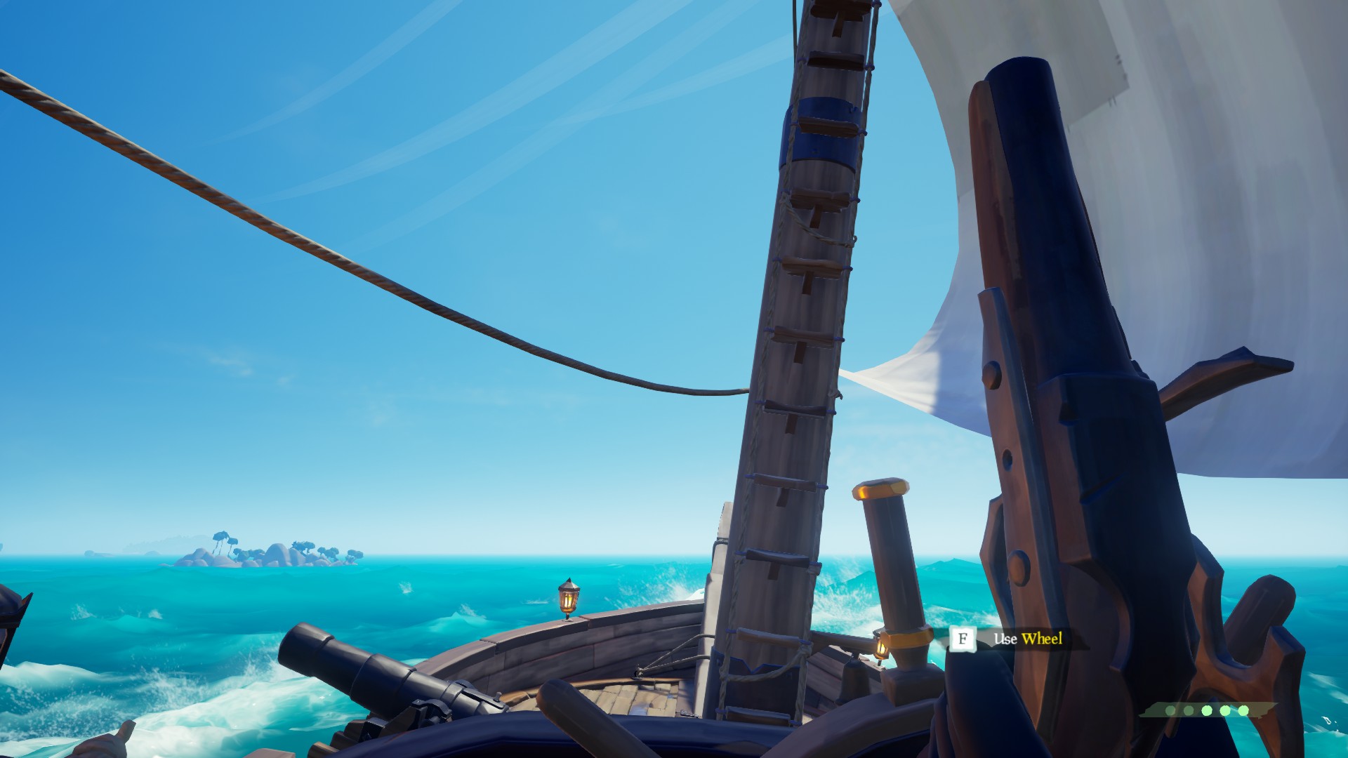 Tàu Sea of Thieves thực hiện cú quay đầu gấp bằng neo, tạo ra vệt nước lớn, một kỹ thuật đi thuyền nâng cao.