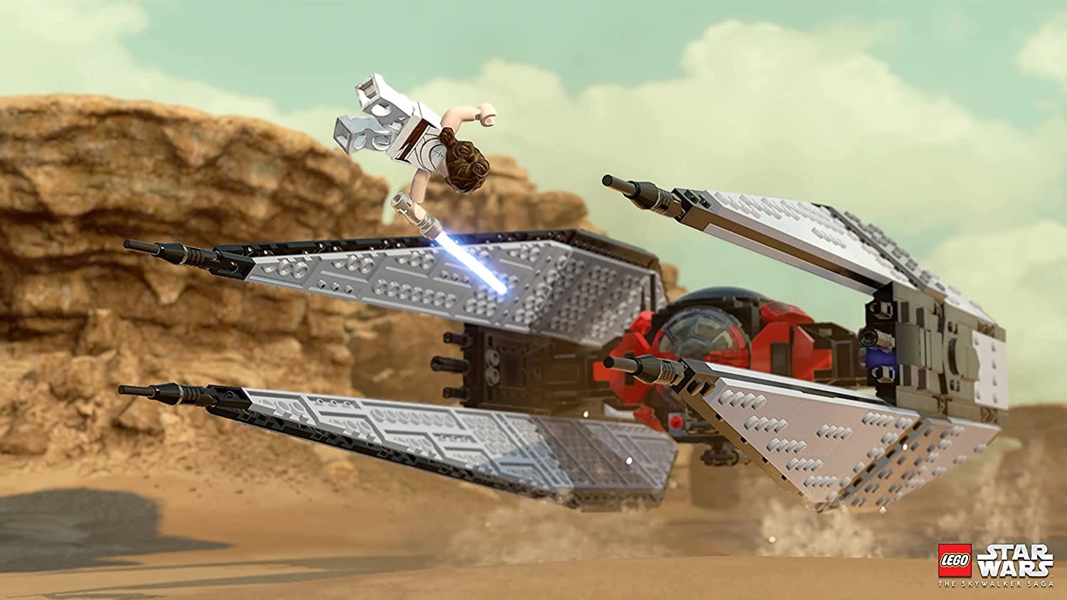 Tàu vũ trụ Razor Crest trong Lego Star Wars Skywalker Saga bay trong không gian