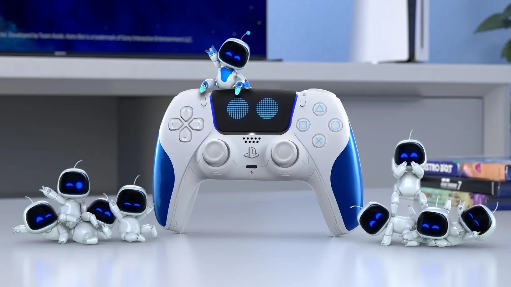 Tay cầm DualSense Astro Bot phiên bản giới hạn với các Astro nhỏ đang leo trèo