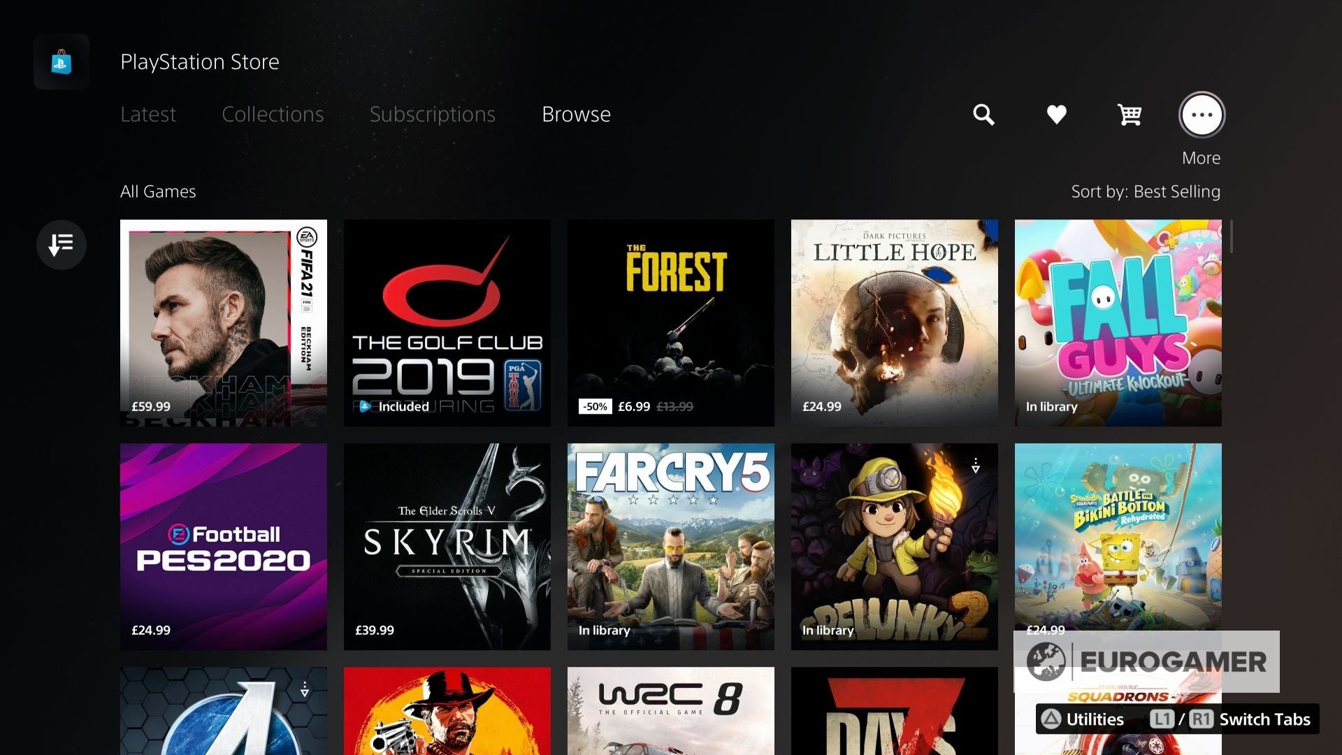 Thanh công cụ trên cùng của PlayStation Store PS5 với các tùy chọn.