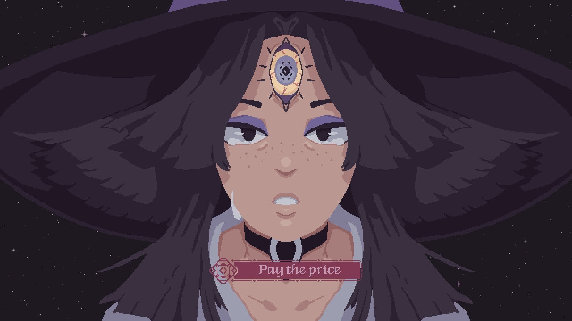 The Cosmic Wheel Sisterhood: Màn hình của Fortuna trong nghệ thuật pixel ở trung tâm, nhìn vào máy ảnh với nước mắt trong mắt. Cô mặc màu tím đậm, với phấn mắt tím và một con mắt thứ ba trên trán.