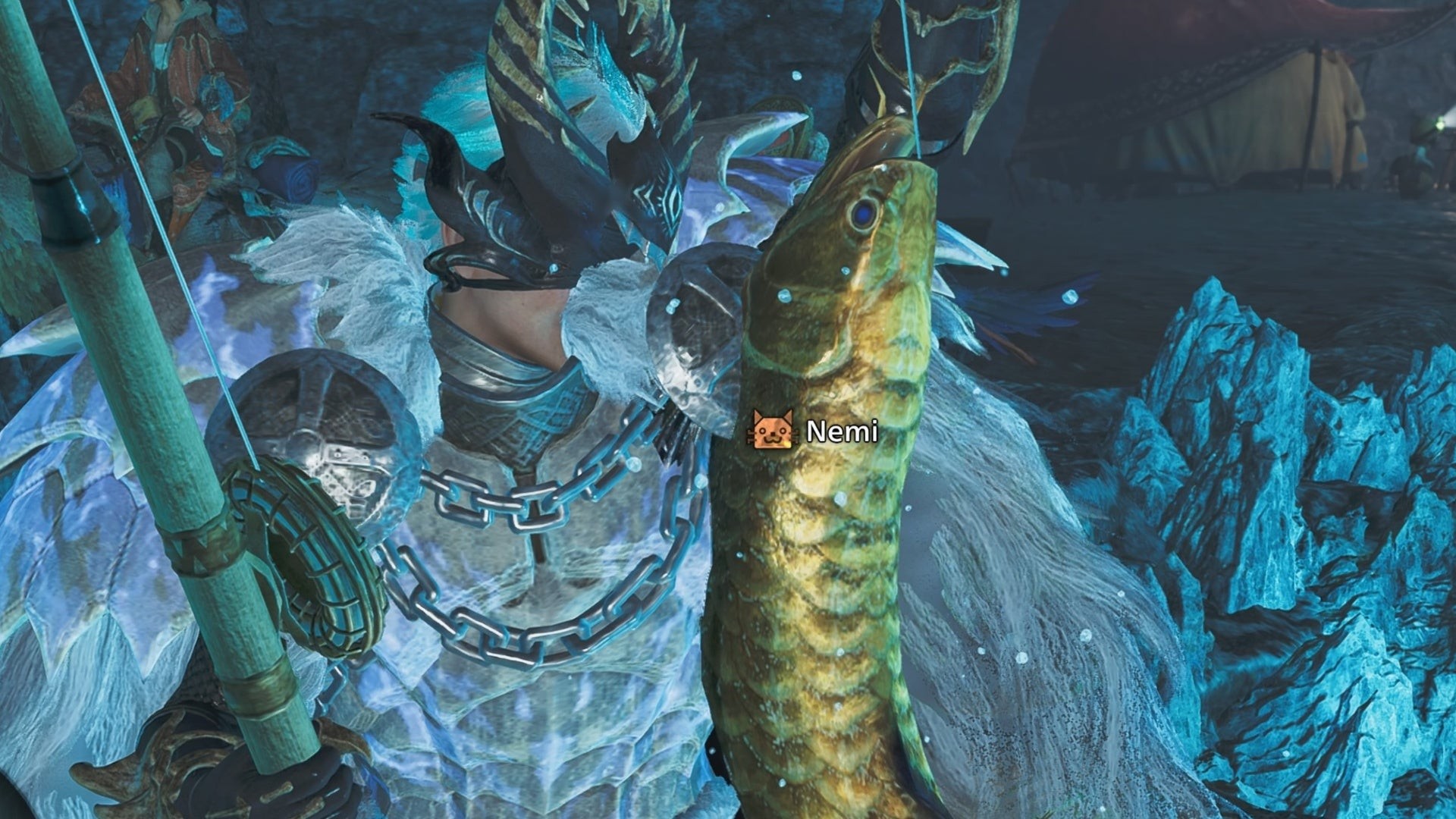 Thợ săn đang bắt Cá Vàng trong Monster Hunter Wilds sử dụng cần câu