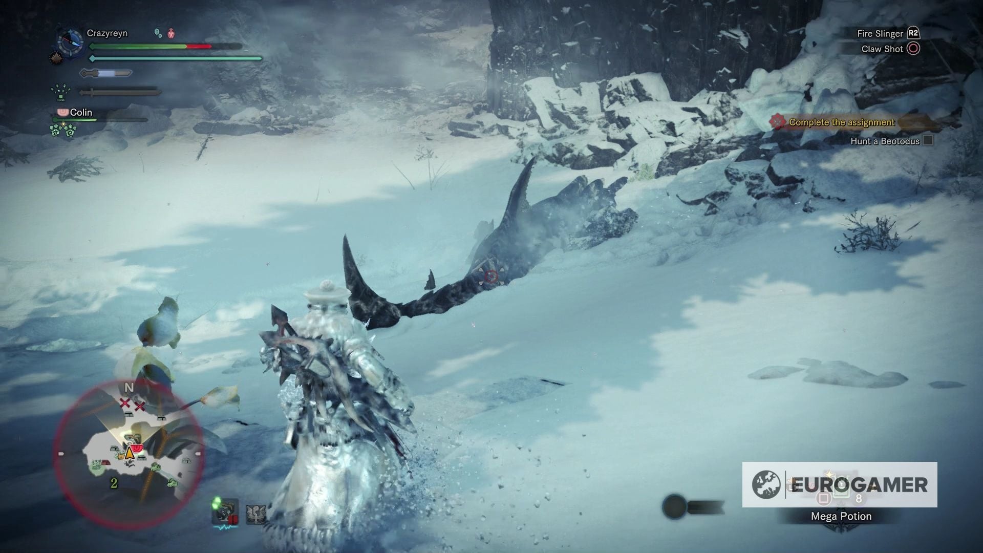 Thợ săn né tránh cú lao lên bất ngờ của Beotodus từ dưới lớp tuyết trong MHW Iceborne.