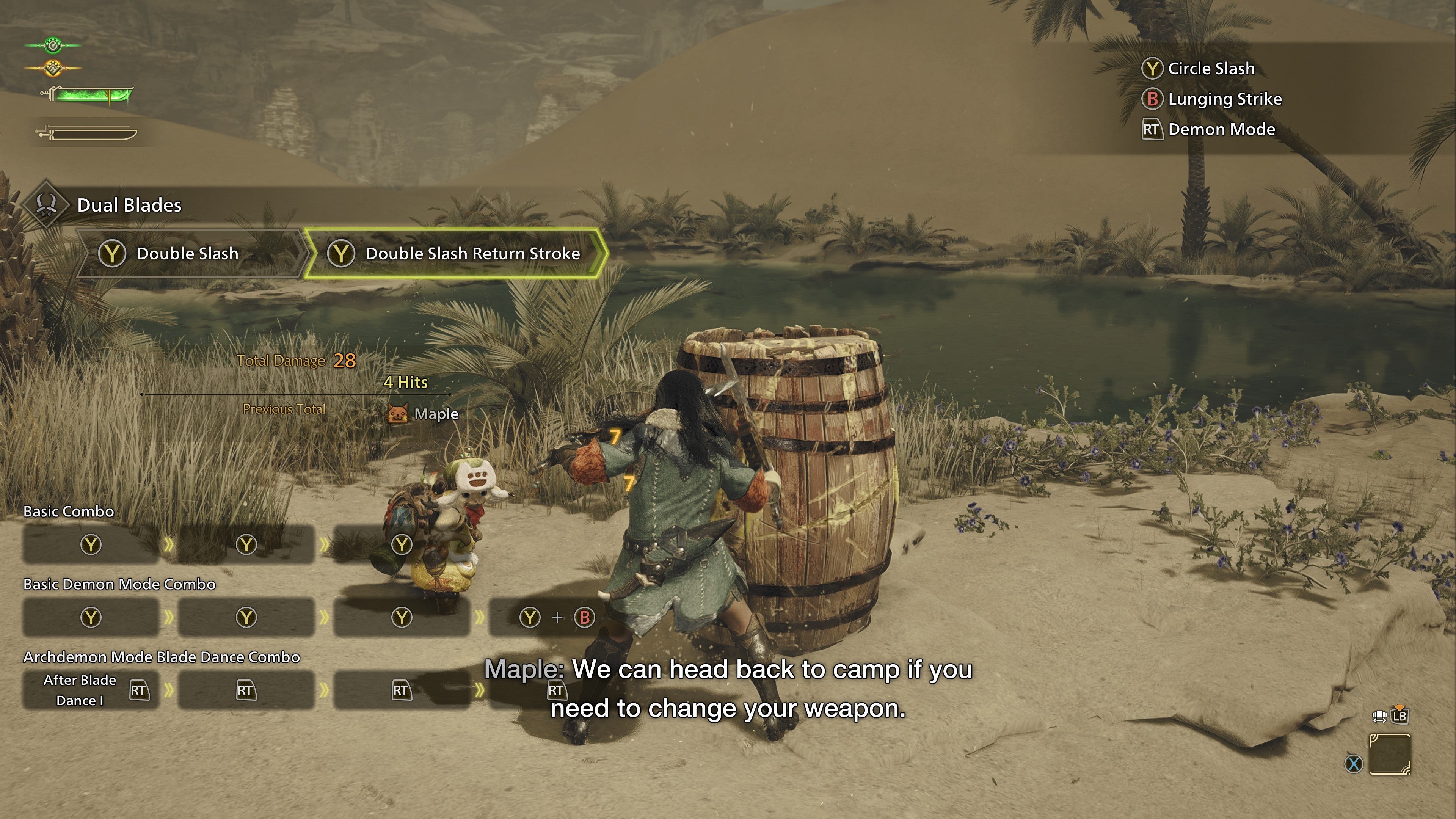Thợ săn thử nghiệm Dual Blades gần suối sa mạc trong Monster Hunter Wilds