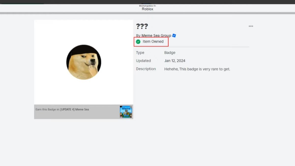 Thông báo Bạn sở hữu vật phẩm này xác nhận đã nhận huy hiệu ??? Meme Sea trong kho đồ Roblox