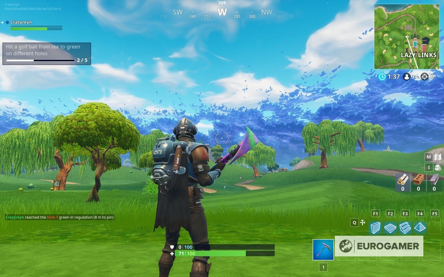 Thông báo hoàn thành thử thách đánh golf Fortnite hiện lên trên màn hình