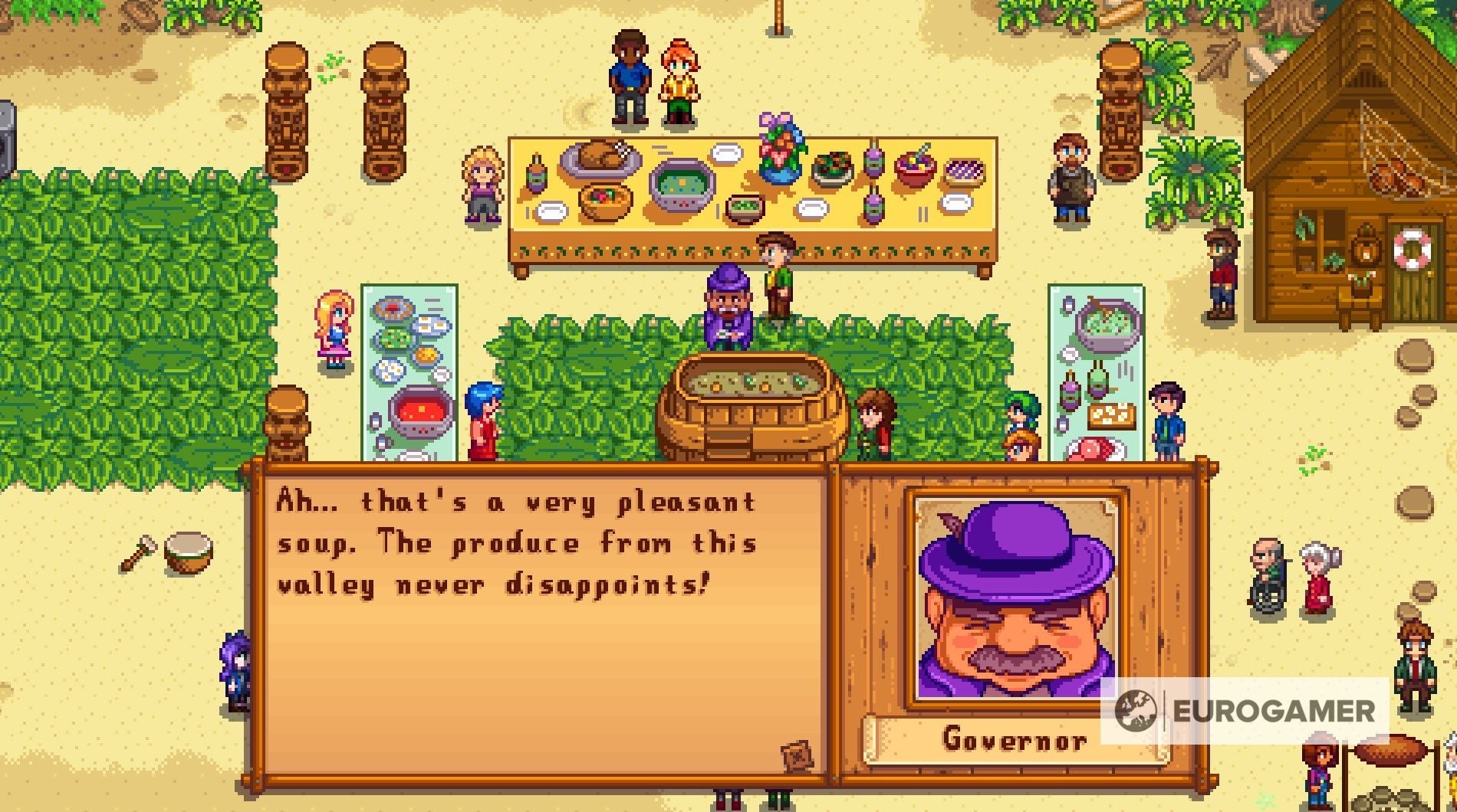 Thống đốc và dân làng Pelican Town thưởng thức súp tại Lễ hội Luau Stardew Valley